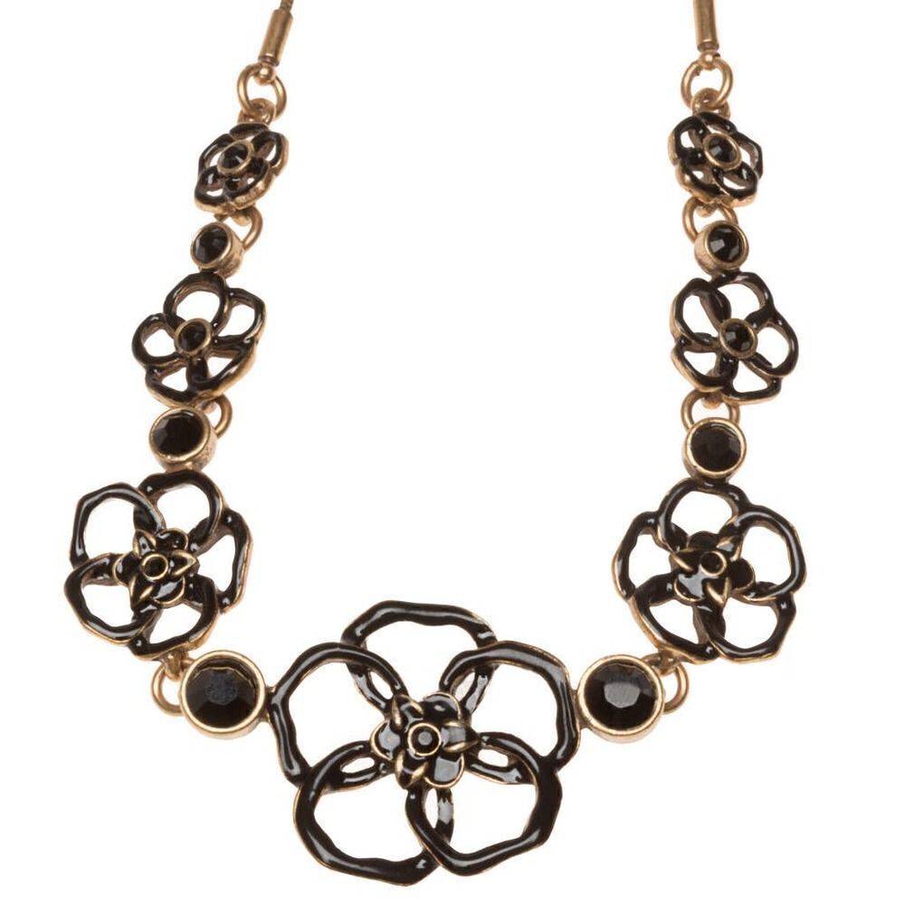 PILGRIM Goldtone Black Enamel Flower Link Necklace